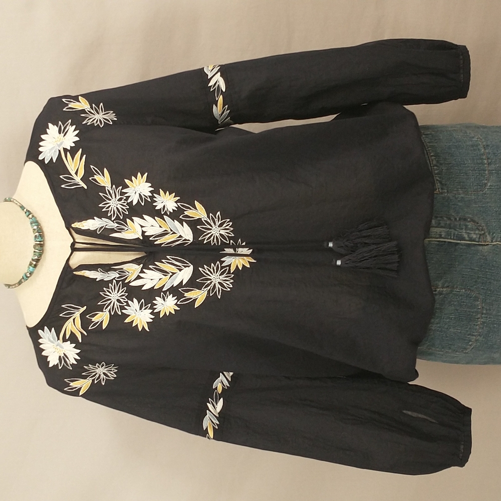 Tory Burch Black Peasant Blouse Light Cotton Top Embroidered Semi Sheer Classy
